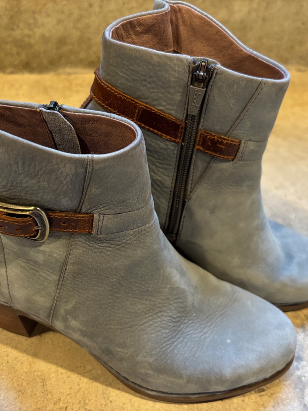 Dansko Gray Leather Ankle Boots with Brown Strap